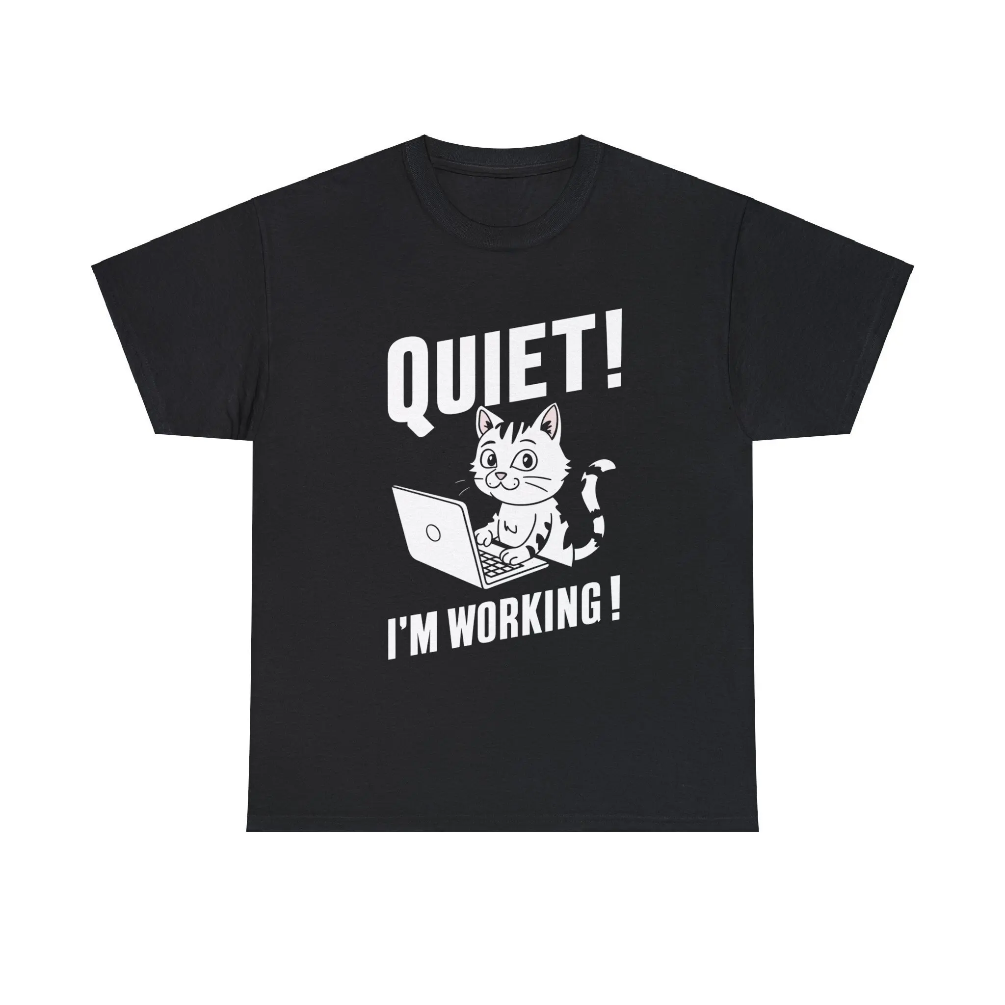 Cat on laptop QUIET I'M WORKING Funny Comical Humor Gag Heavy Cotton T Shirt