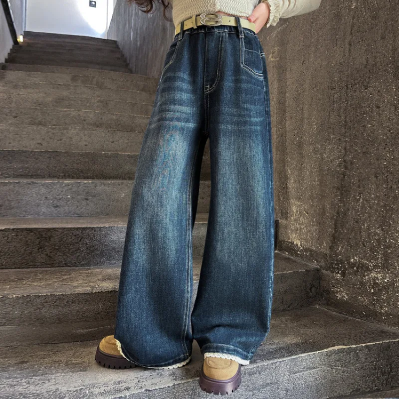 

Korean Teenager Girls Denim Pant Lace Patchwork Contrast Color Children Girls Jean Elastic Waist Kids Girls Straight Leg Pant
