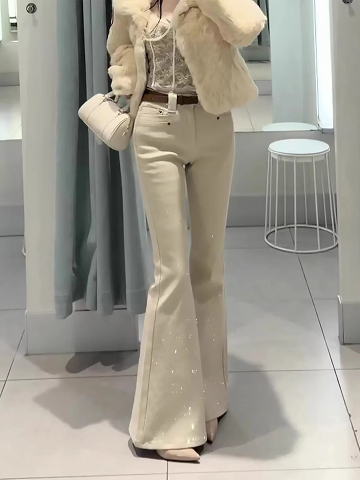 

iny Rhinestone High Waist Bell Bot Jeans Women's Winter New Sle Small Size Slim Fit Hoof Pants Design Sensation