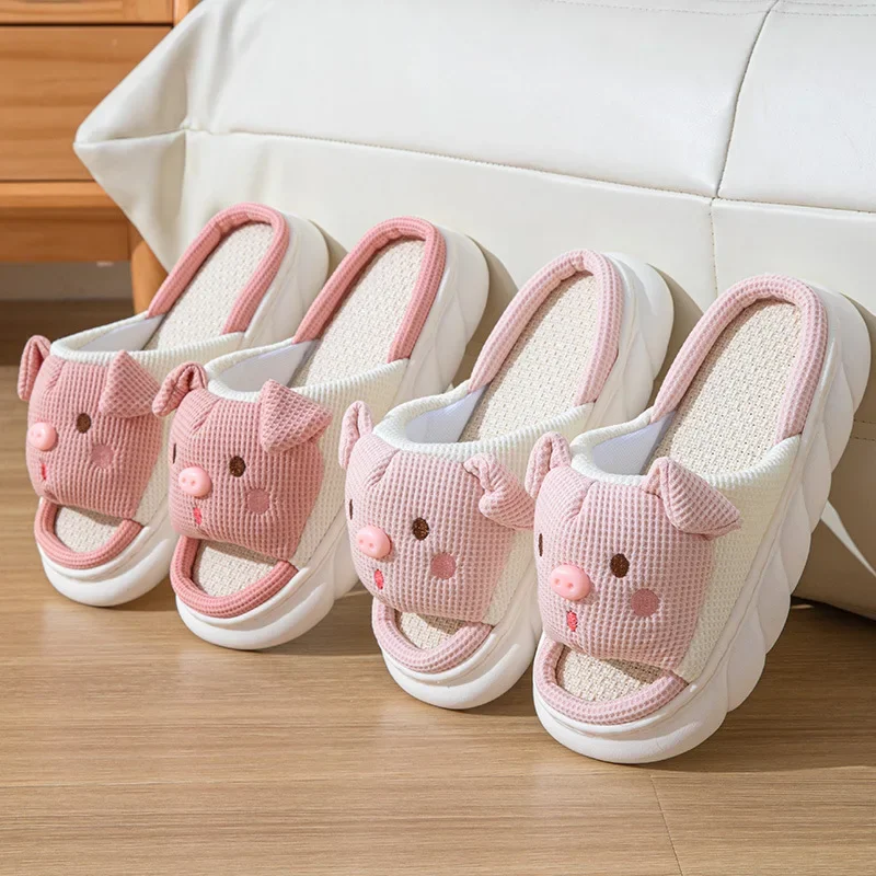 Folded Ear Pink Pig Filled Cotton Cartoon Indoor Seasonal Cotton and Linen Folded Ear Pink Pig Slippers