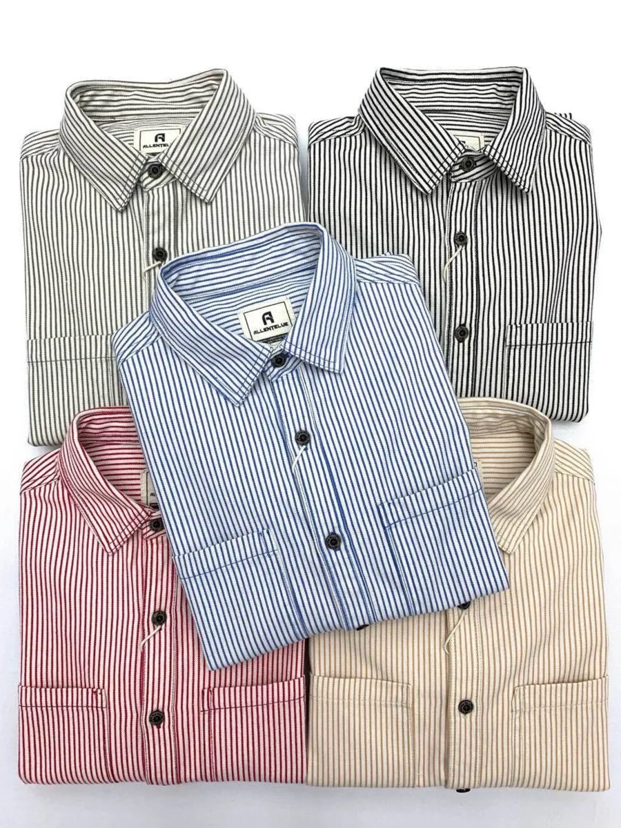 Vintage Casual Vertical Striped Shirts Heavyweight Yarn Dyed Top for Men Cotton Long Sleeve Loose Workwear Y2k Autumn Coats