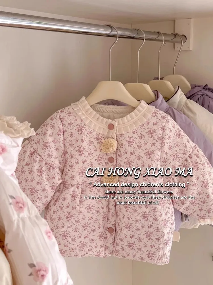 

Хлопковая куртка с цветочным принтом для девочек, осенне-зимняя новинка, модная и милая детская одежда с цветочным узором