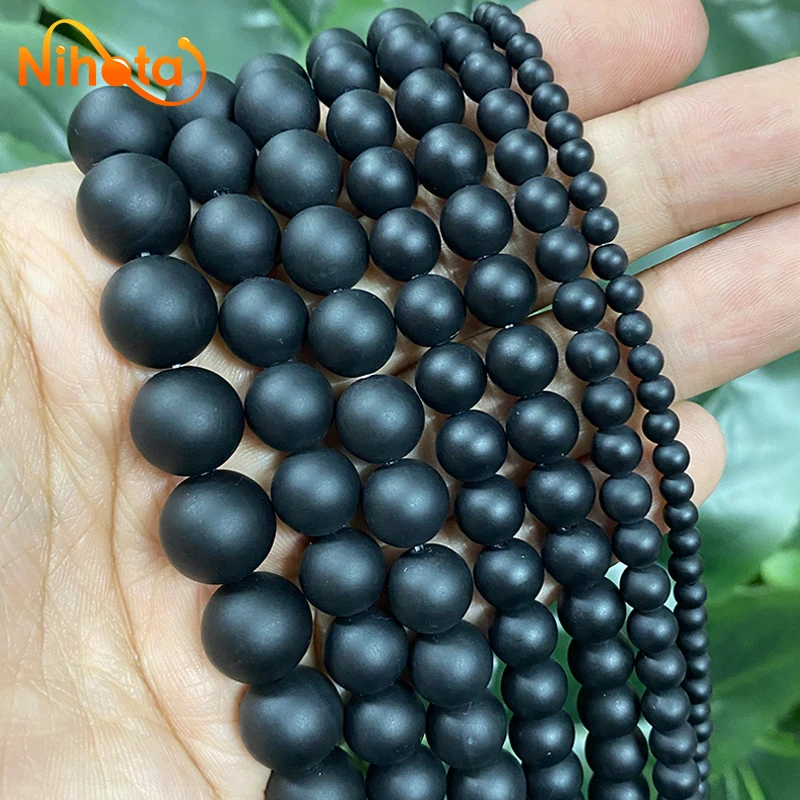 4/6/8/10/12/14mm Natural Stone Frosted Matte Black Agates Round Beads for Jewelry Making DIY Bracelets Handmade Earrings 15\'\'