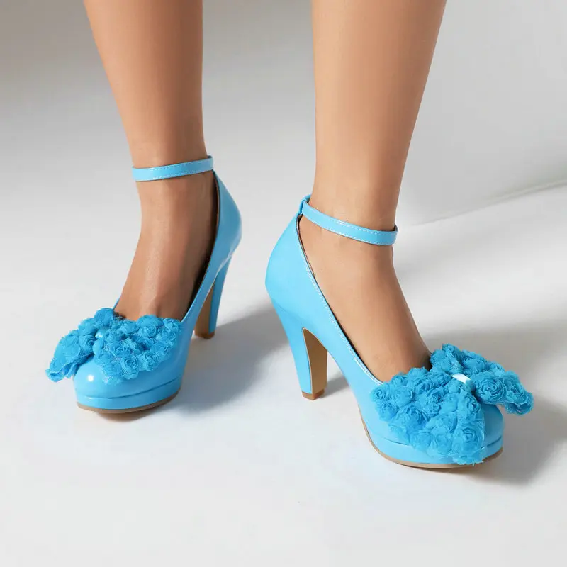 Sepatu hak tinggi Stiletto wanita ukuran Plus 34-48 ujung bulat biru kuning terang sepatu wanita Mary Janes Spike High Heels Stiletto wanita Pumps dengan renda bunga dasi kupu-kupu