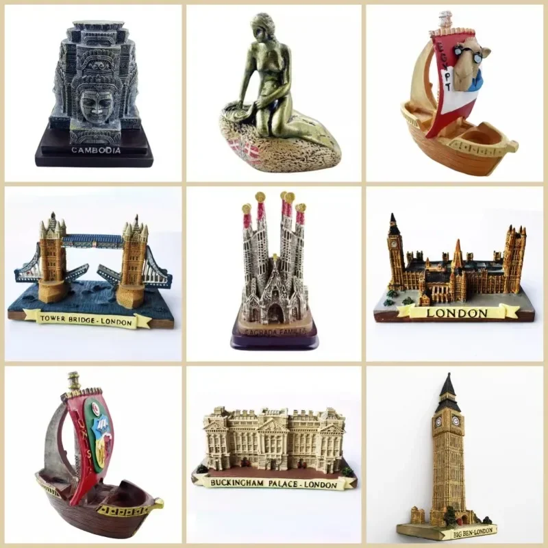 Figuras de Angkor Wat, miniaturas de la Sagrada Familia, Palacio de Buckingham, casas del pueblo, torre, puente, Big Ben, modelos, recuerdos