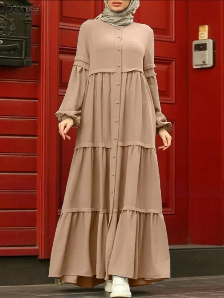 ZANZEA musulman Hijab robes Ramadan Abaya Robe Femme femmes élégant à manches longues plissé Robe d'été solide bouton Robe caftan 2026