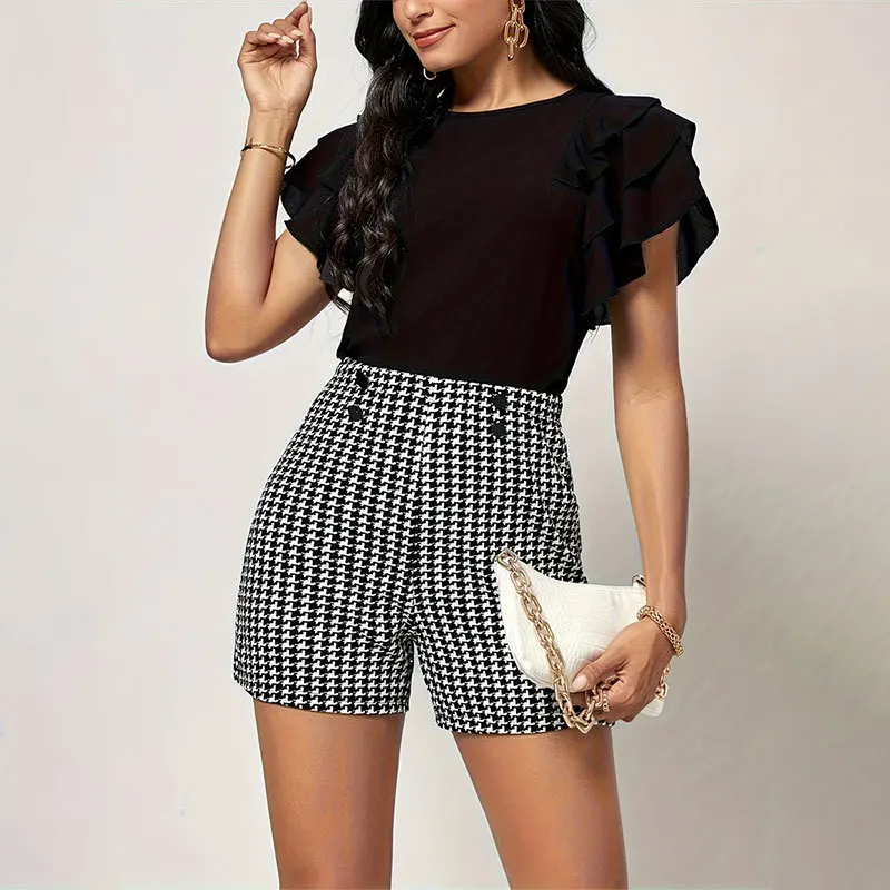 Elegant and Classic Houndstooth Elastic Waistband Button Decoration Shorts Versatile Commuting Five Quarter Pants Casual Pants