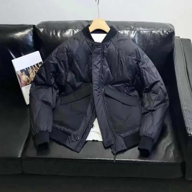 

Winter Big Pocket Zipper Down Jacket Warm Vintage Baseball Uniform Streetwear Down Jacket Parkas Long Sleeve Outerwear Windproof
