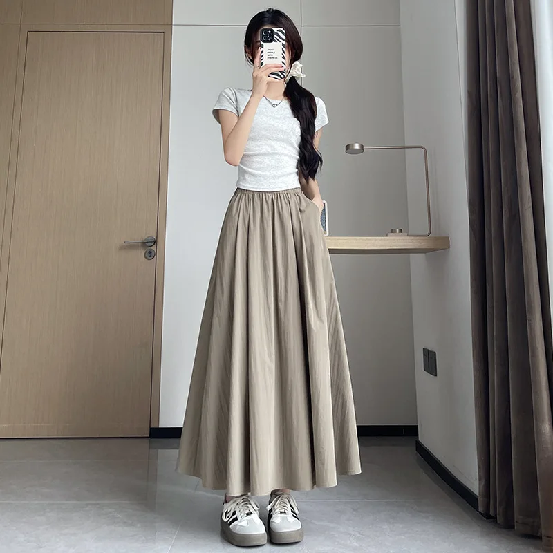 Ice Silk Pleated Skirt Women\'s Summer Thin High Waist Mid-Length Umbrella Skirt Lazy Wind Draped Pleated Casual Skirt