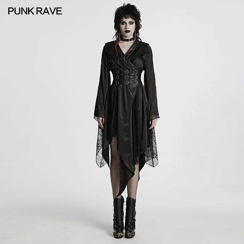 

PUNK RAVE Women's Gothic Silky Glossy Lapel Collar Asymmetric Kimono Light Elegant Party Club Dress Coat Two Piece Set