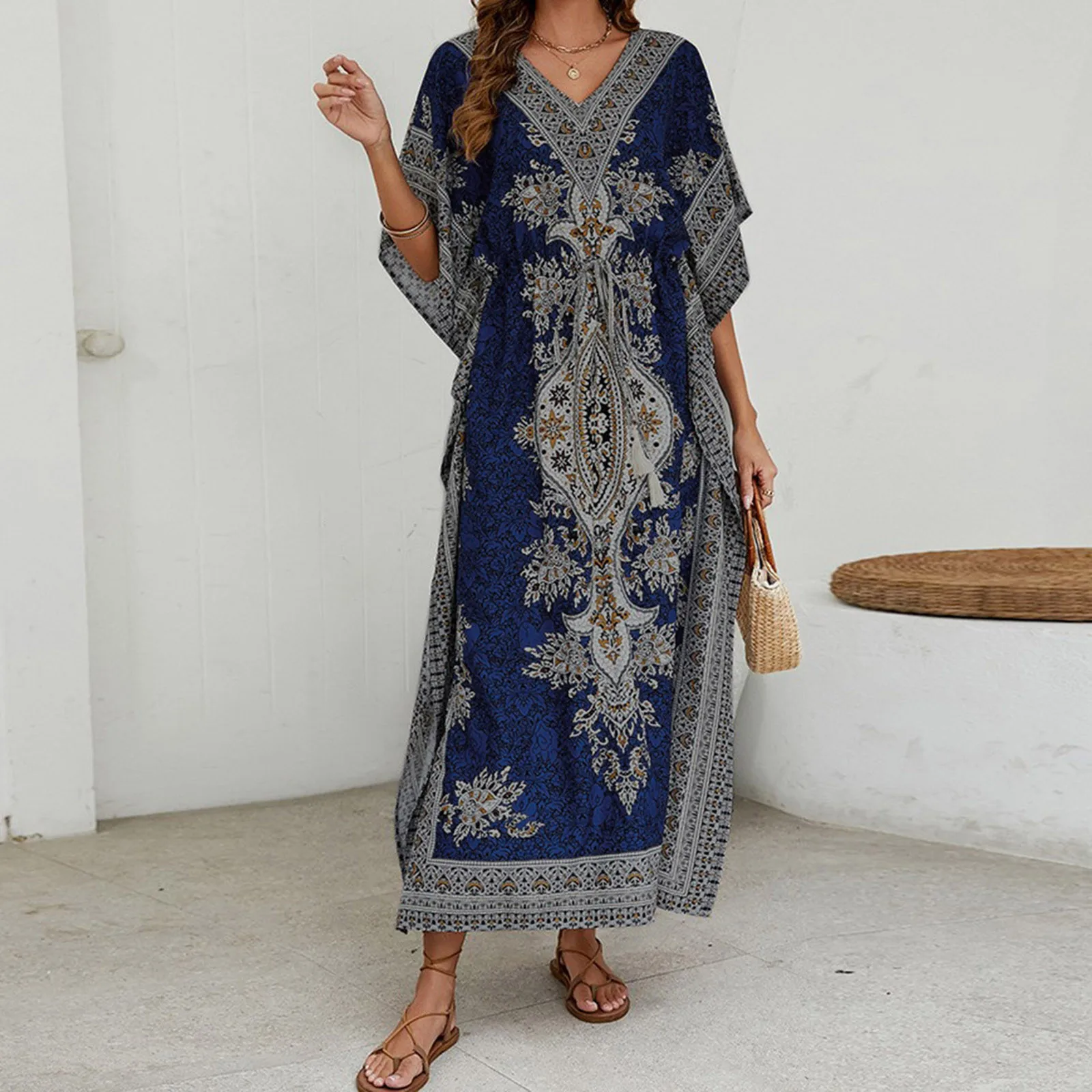 

Women Long Kaftan Dress Kimono Style Drawstring Gown Nightdress Beach Kaftan Casual Party Dress Patchwork floral dress