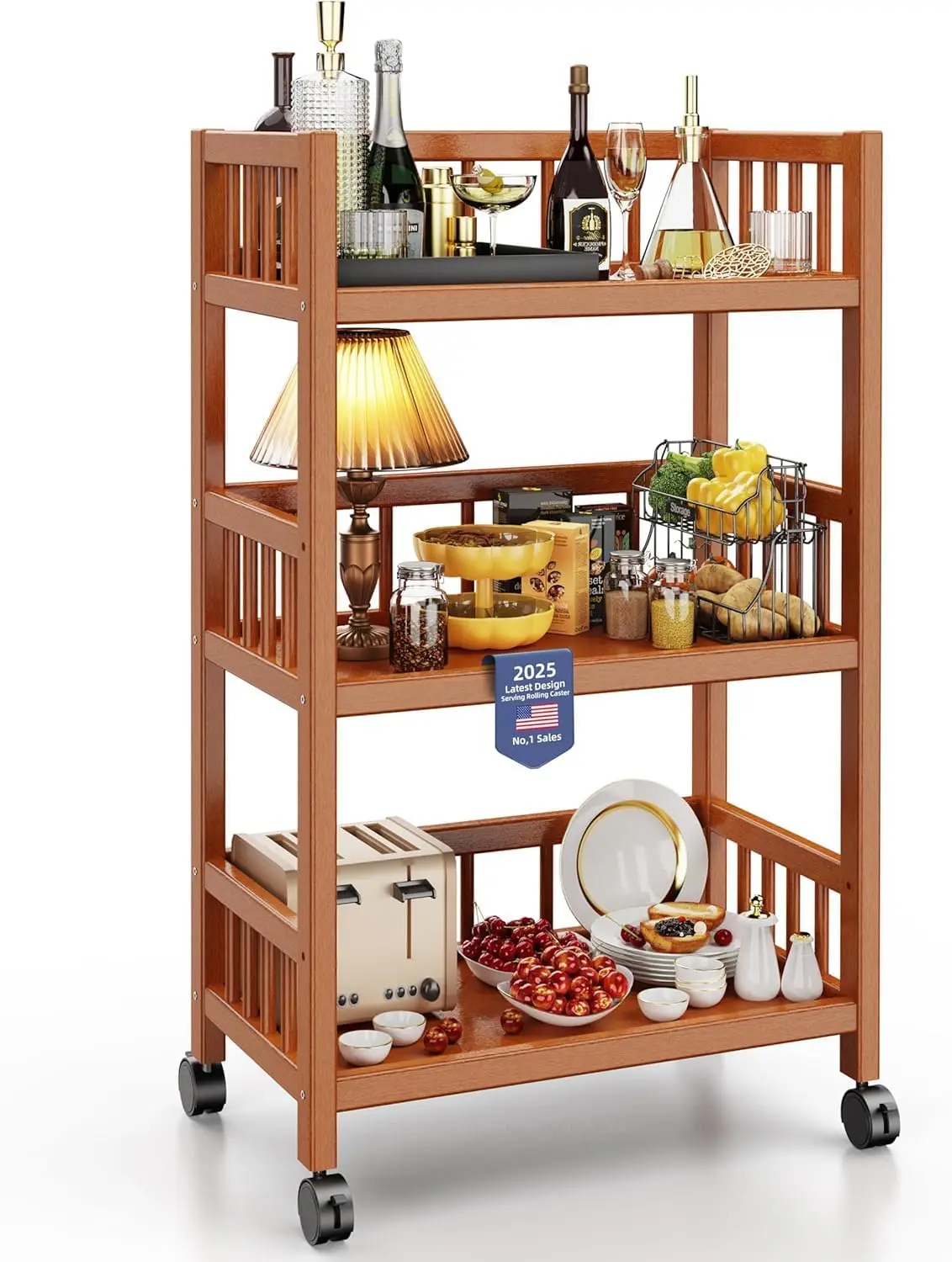 

3 Tier Rolling Carts, Wooden Serving Storage Cart with Handle Multi-Purpose and Locking Wheels, Storage Organizer Utility Cart F