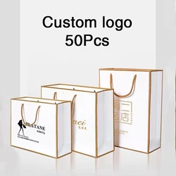 50Pcs/lot Personalization Business Shopping Clothes Package Bag with Handles Festival Gift Paper Packing Bag Custom Logo