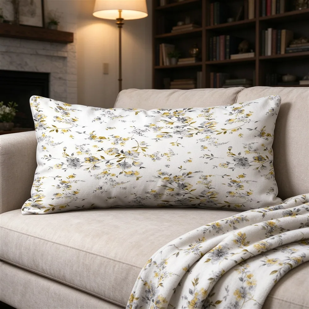 White Pink Dainty Bloom Print Long Pillow Cover, Charming Style, Basement Decorative, Polyester, Special Occasion, Versatile