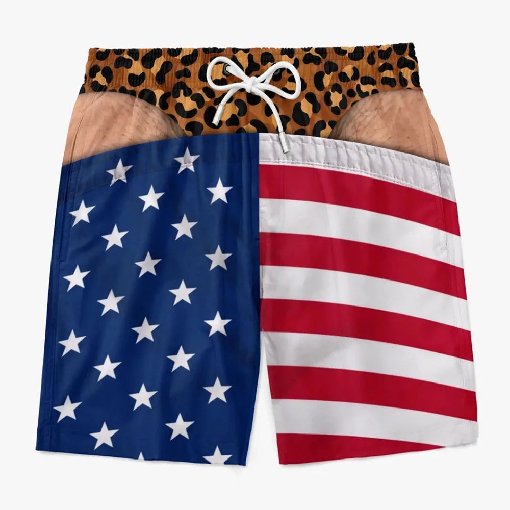Men's American Flag Split Board Shorts Leopard Print Elastic Waist Liner Swim Trunks Quick Dry Beach Swimming Half Pants Pocket