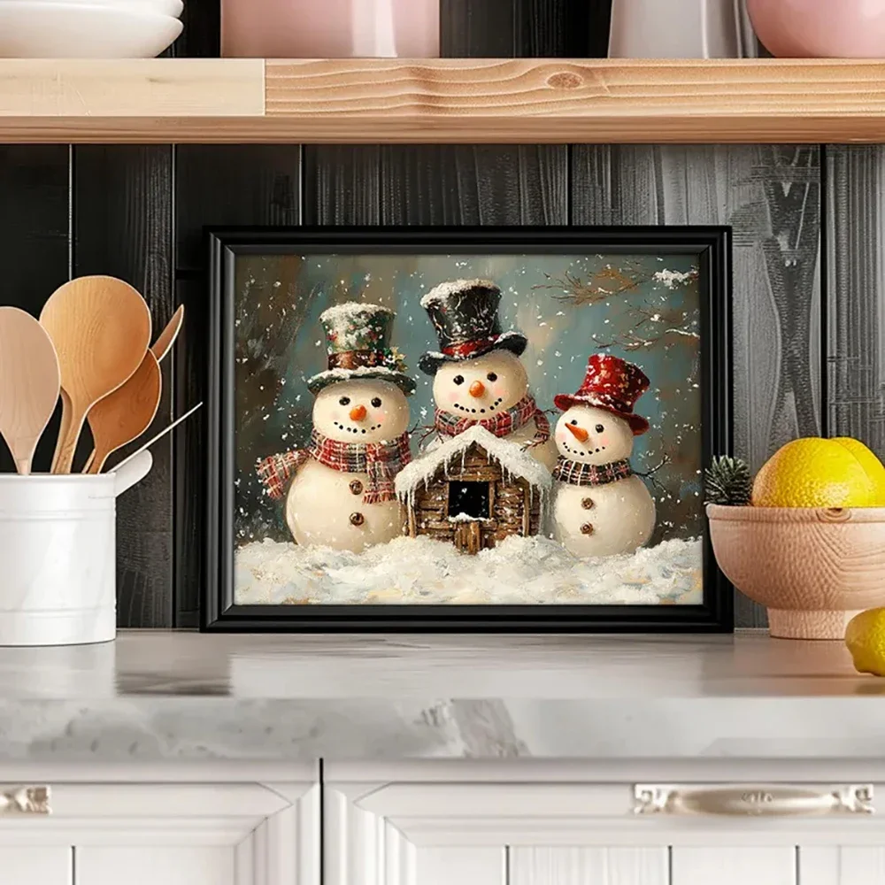 1pc frameless Canvas Painting Adorable Snowmen Canvas Print. Rustic Winter Holiday Art for Home Decor.Cute Christmas Wall Decor