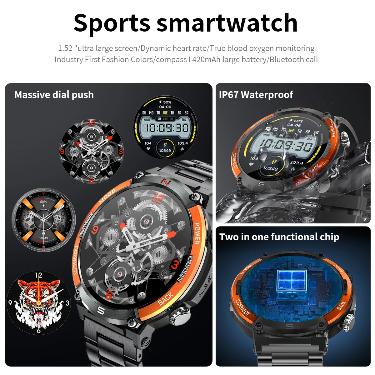 LIGE New 1.52 Inch Screen Bluetooth Call Smartwatch Men Compass Heart Rate Blood Oxygen Monitor 420MAH Long Standby Sports Watch