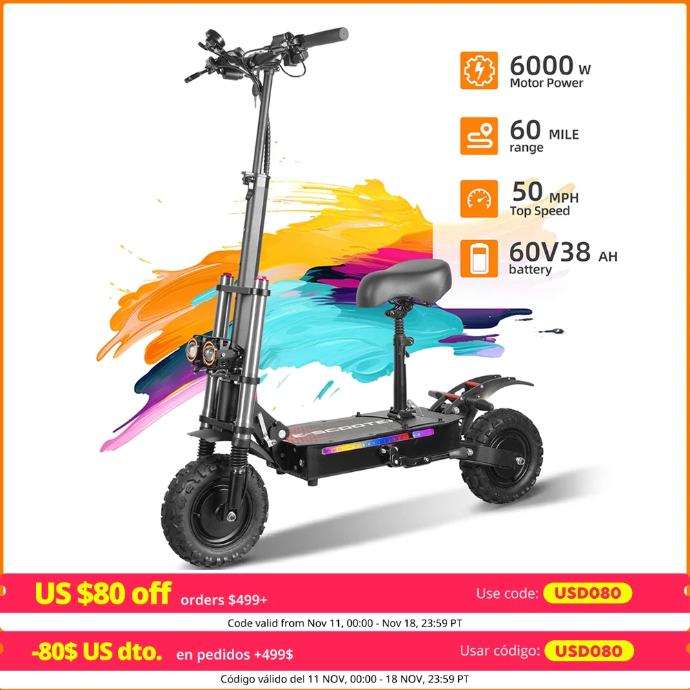 50Mph Fast Electric Scooter with Seat for Adults Load 440lbs 6000W Powerful Dual Motor Hydraulic Suspension Electric Scooter