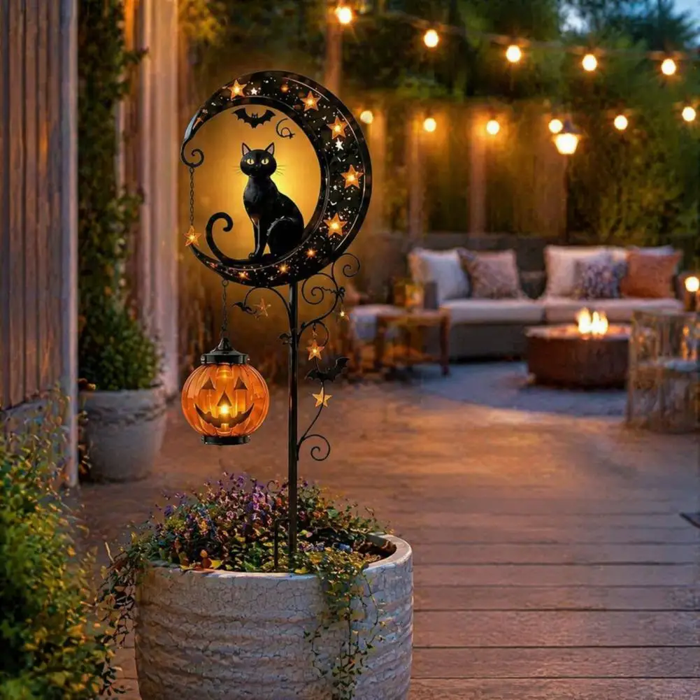 Outdoor Lantern Decorations Waterproof Solar Garden Stakes Halloween Solar Garden Stake Lights Black Cat Pumpkin Moon Outdoor