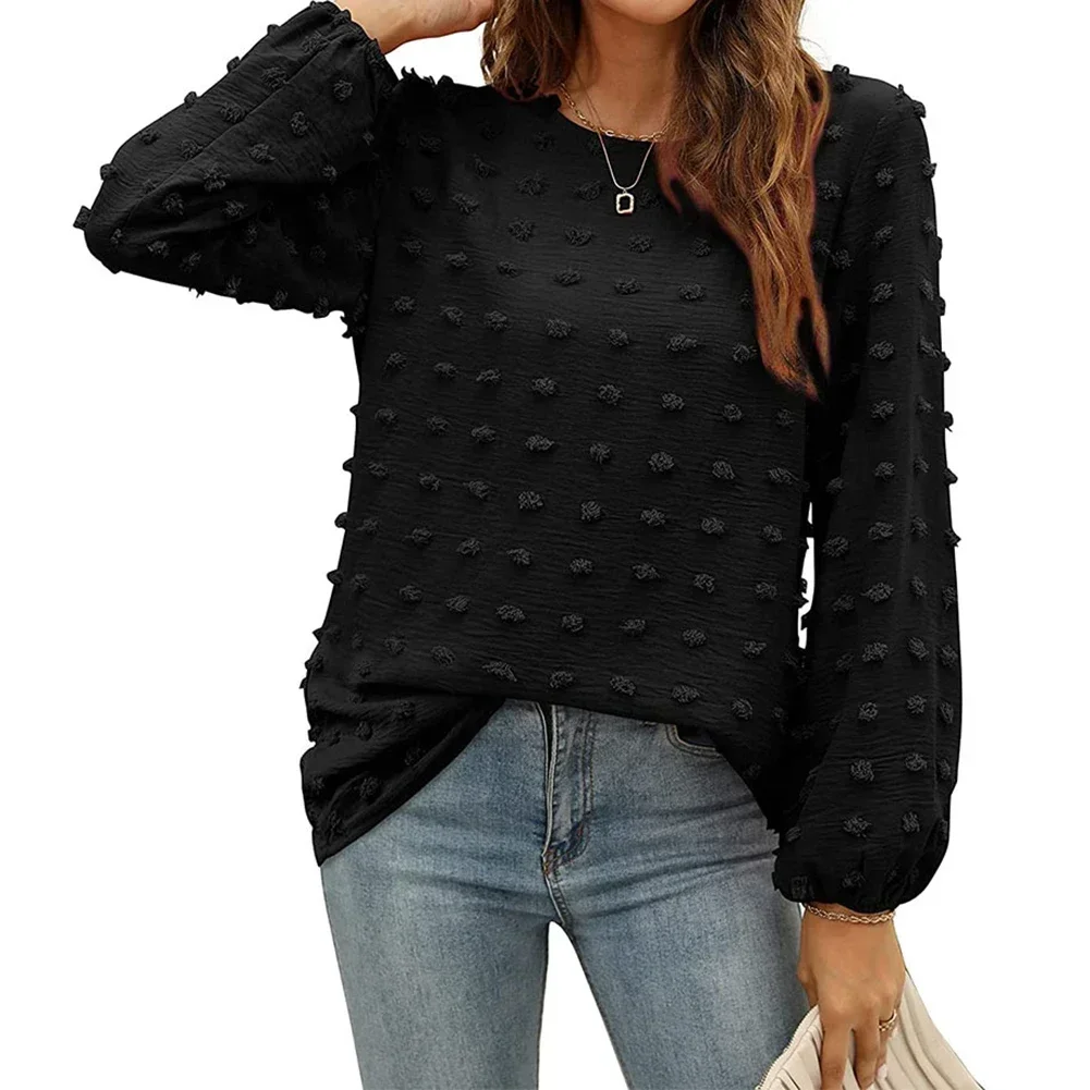 Women Chiffon Blouses Long Sleeve Crewneck Top Dressy Casual Loose Pompom Shirts