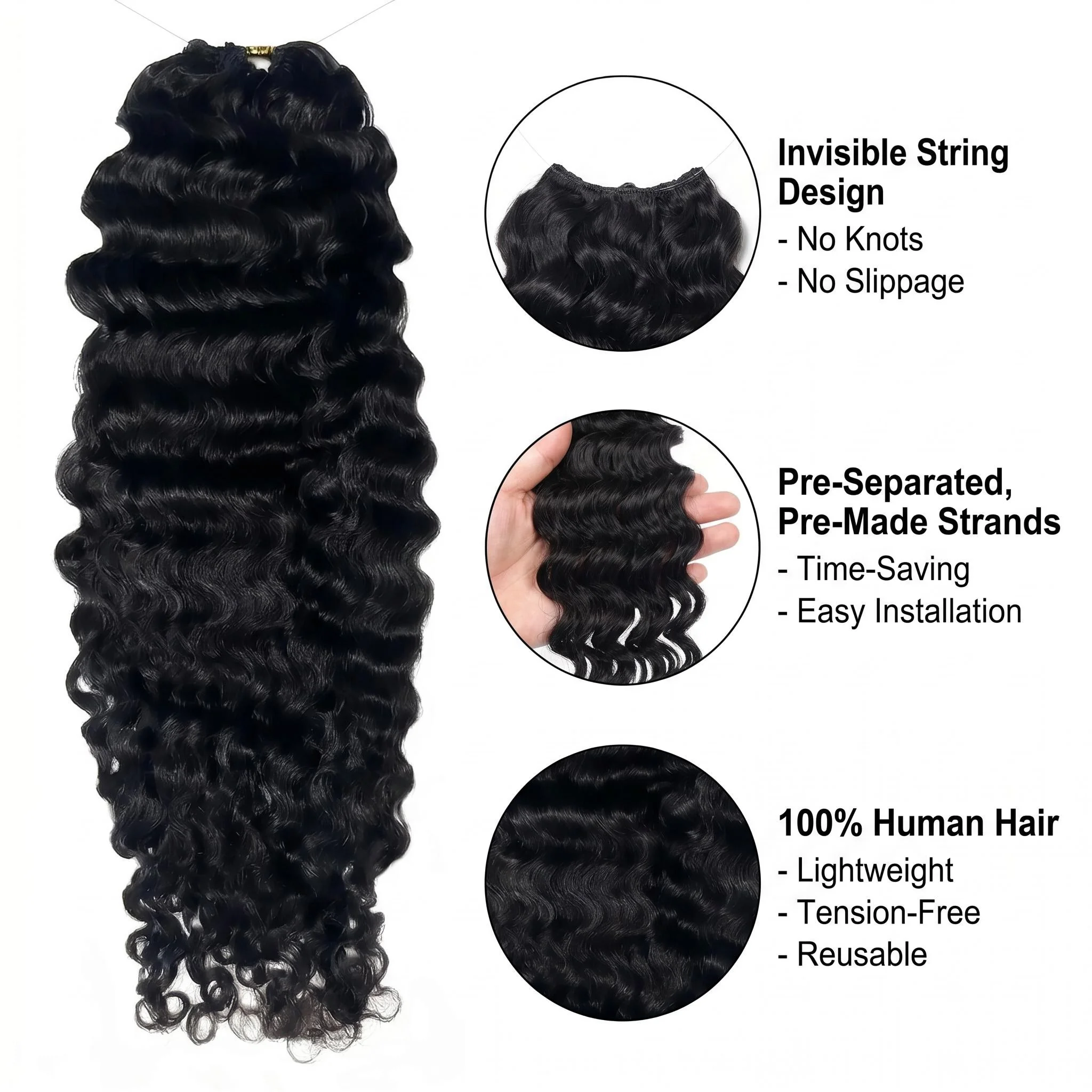 Knotless Crochet Hair Extensions Water Wave Pre-separated Crochet Hair Extensions 100% Real Human Hair for Women Curly Feather Crochet Human Hair Extension 60g Natural Color