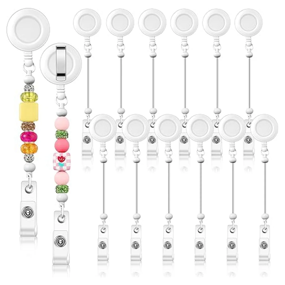 12ชิ้นชุดรีลป้าย DIY พร้อมคลิปหนีบธนบัตรแบบพับเก็บได้สำหรับลูกปัดแท่งเปล่าพร้อมคลิปหนีบเข็มขัดสีขาว