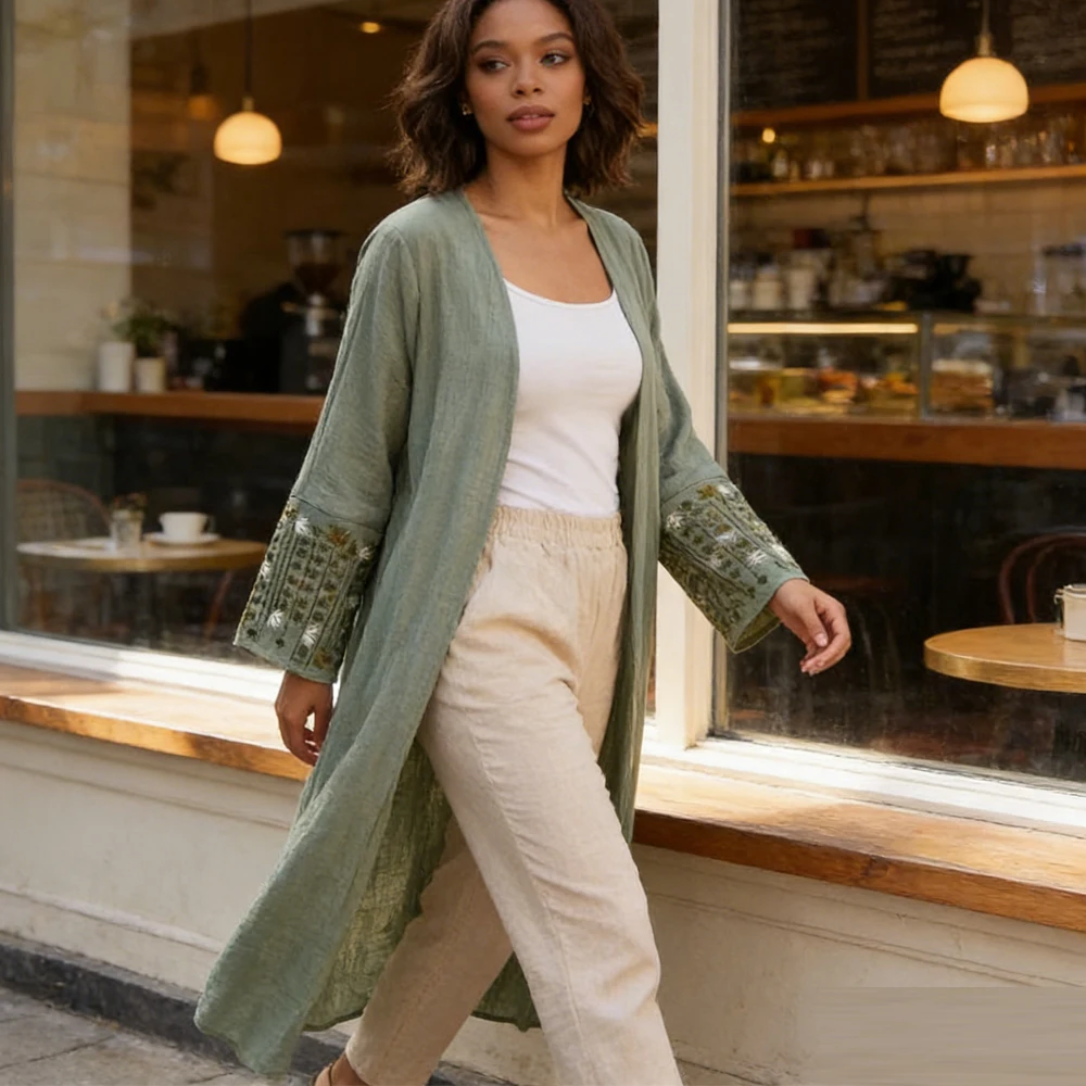 

Элегантный кардиган с вышивкой в Дубае, Абая, мусульманское женское платье макси, кимоно Ид Рамадан Сабаи, кафтан Джалабия, женский халат, исламское платье