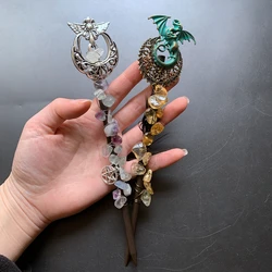 Citrine Fluorite Stones Chips Crystals Fairy Magic Wands Stick Wood Scepter Altar Adornment Dragon Pentagram Wicca Gift 1pc