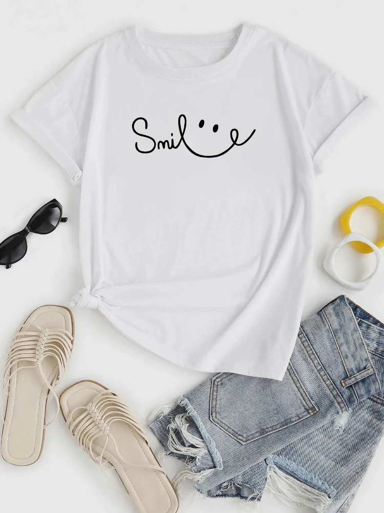 Smile Print Crew Neck T-shirt Casual Loose Short Sleeve Fashion Summer T-Shirts Tops Women's Clothing