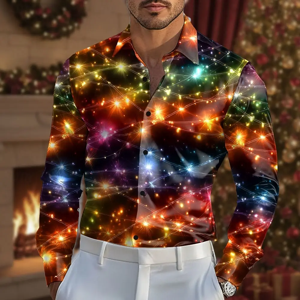 Christmas Men's Sparkling Glitter Christmas Light Shirt Dress Shirt Long Sleeve Fashion Casual Outdoor Party Holiday Spring Fall