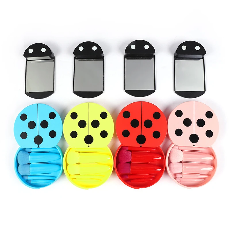 4 สีแบบพกพาชุดแปรงแต่งหน้า 5 ชิ้นแปรงกระจก Ladybug กล่องแปรงเครื่องสําอางธรรมชาติแปรงอายแชโดว์