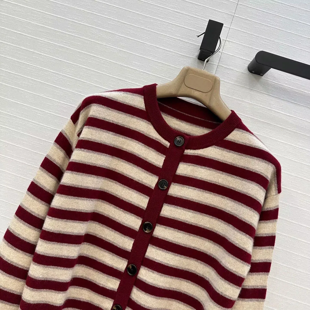 

Роскошные 100% кашемировые мягкие вязаные кардиганы, женские однобортные повседневные свитера с круглым вырезом в контрастную полоску и люрексом с длинными рукавами