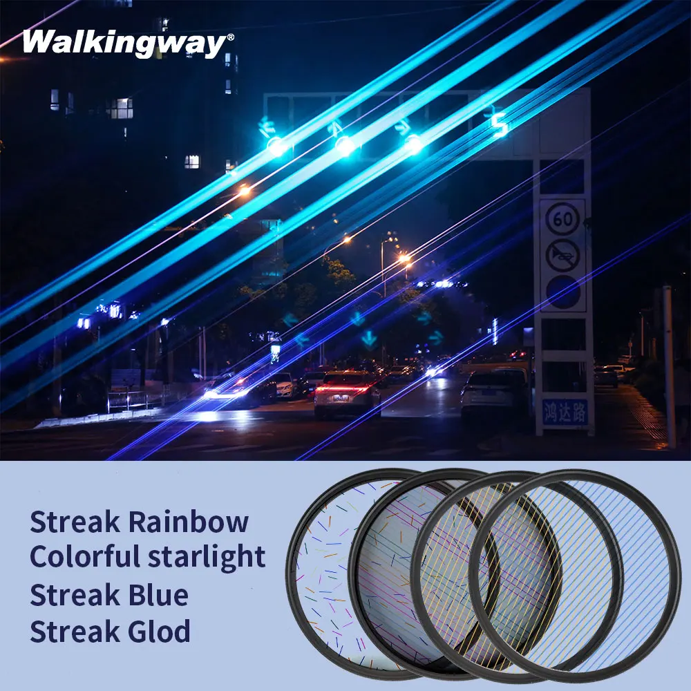 Walkingway Streak Filters Blue Rainbow Colorful Star Line Streak Flare lens Filter 49 52 55 58 62 67 72 77 82MM Camera Filter