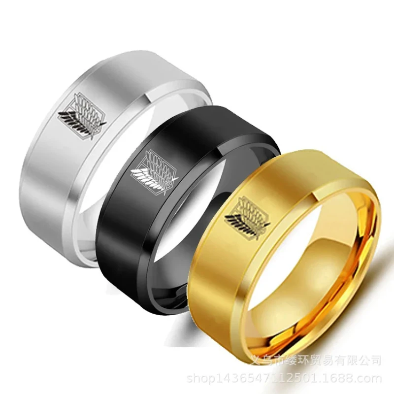 Anillo de acero inoxidable de plata negra de ataque a los Titanes en 5 colores, anillos de dedo con bandera de alas de la libertad para hombres y mujeres, joyería para fanáticos del Anime