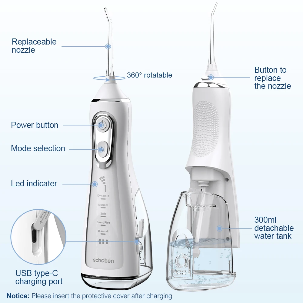 Schoben Portable Dental Oral Irrigator Water Flosser USB Rechargeable 4 Nozzles Water Jet 300ml Water Tank Waterproof IPX7