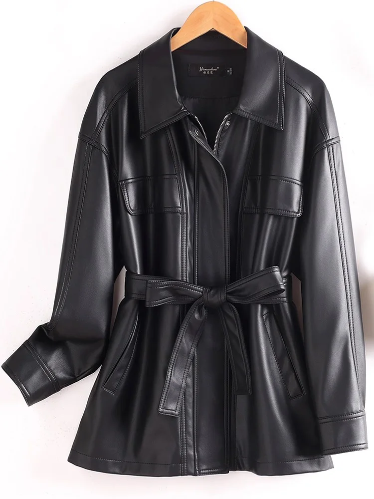 جديد إمرأة متوسط طويل انقسام معطف جلد الخريف موضة بدوره إلى أسفل طوق الخصر النحيف مع حزام معطف قصير خندق جلدية عادية #5