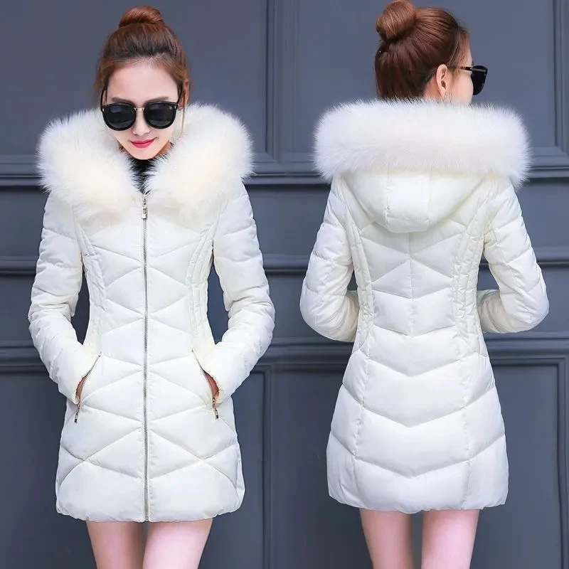 

Korean Fashion Slim Thin Long Down Cotton Jacket Winter Warm Thick Parkas Cotton Women Snow Outerwear Big Fur Collar Female Coat