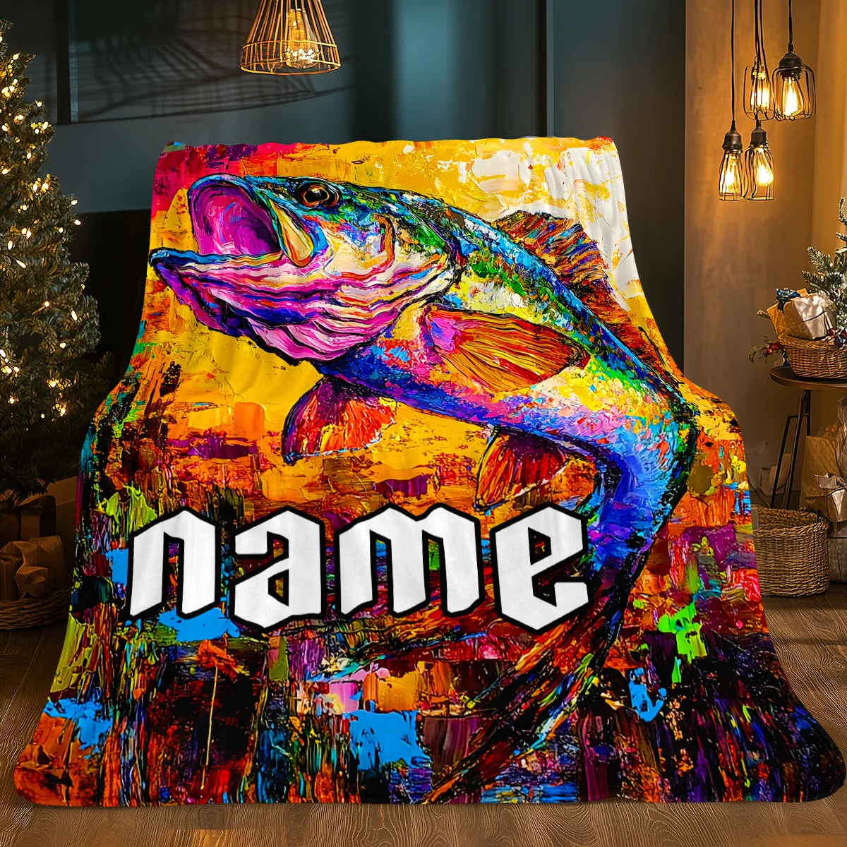 Custom name colorful fish flannel blanket, suitable for sofa, bed, birthday, children, fishing enthusiasts, friends, gift