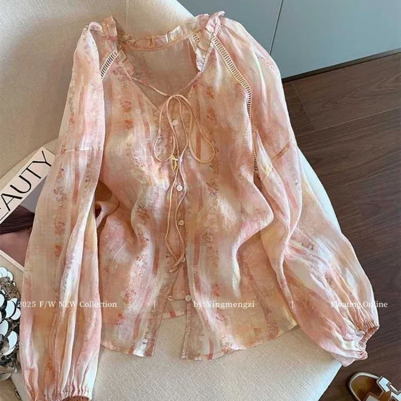 

Осень 2024, новая полая рубашка с цветочным принтом, женская мода, универсальный верхний топ с принтом