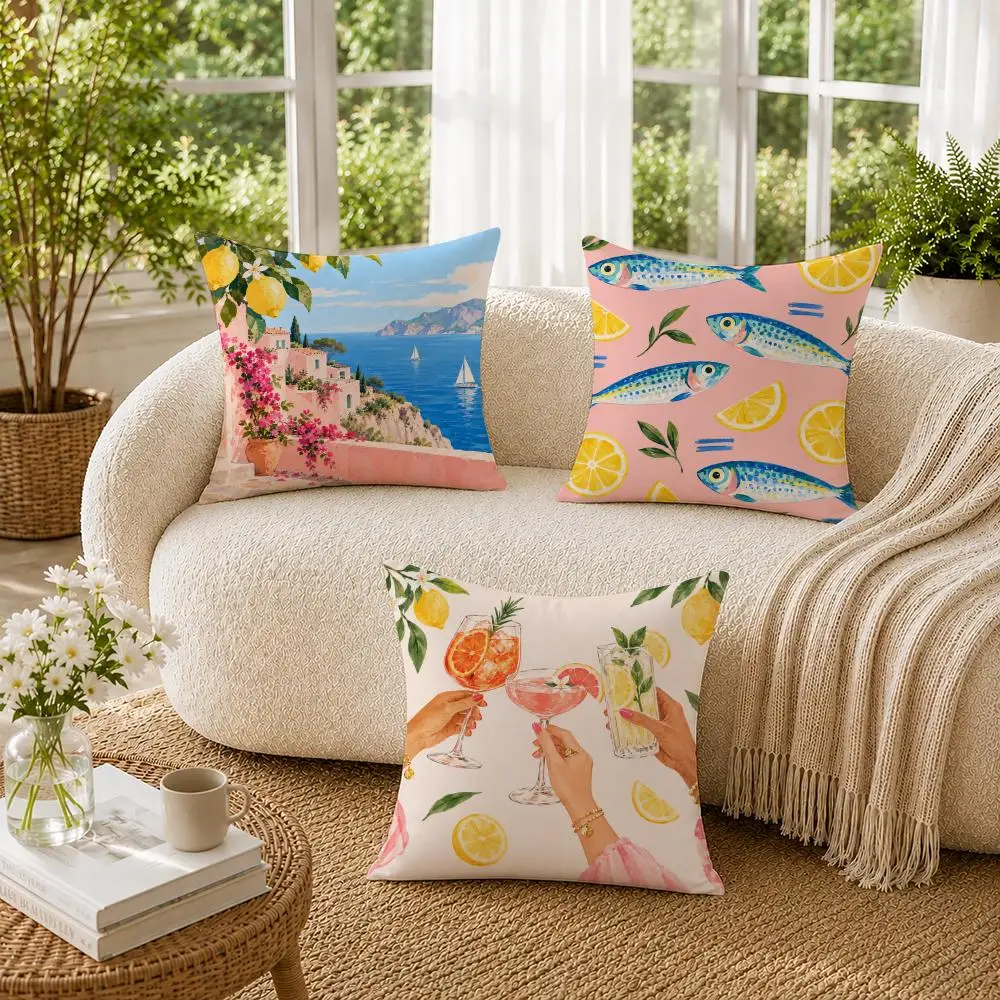 Mediterranean Cocktail Italian Summer Cushion Cover Soft Pillow Cases Hidden Zipper Cutecore Sofa Bedroom Home Decor Gift