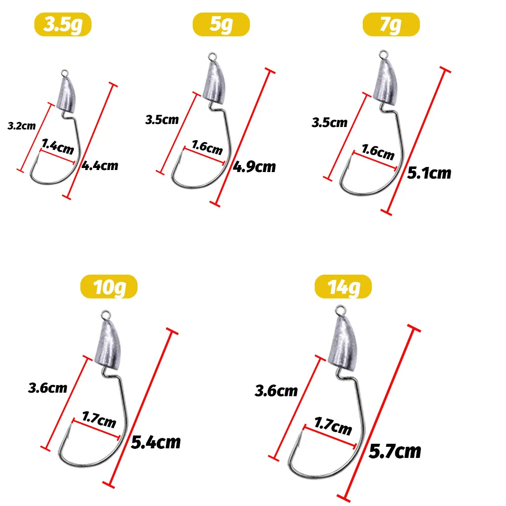 5 pçs metal gabarito cabeça worm gancho 3.5g 5g 7g 10g 14g peso manivela afiada anzol chumbada pesca para isca macia texas rig equipamento de pesca