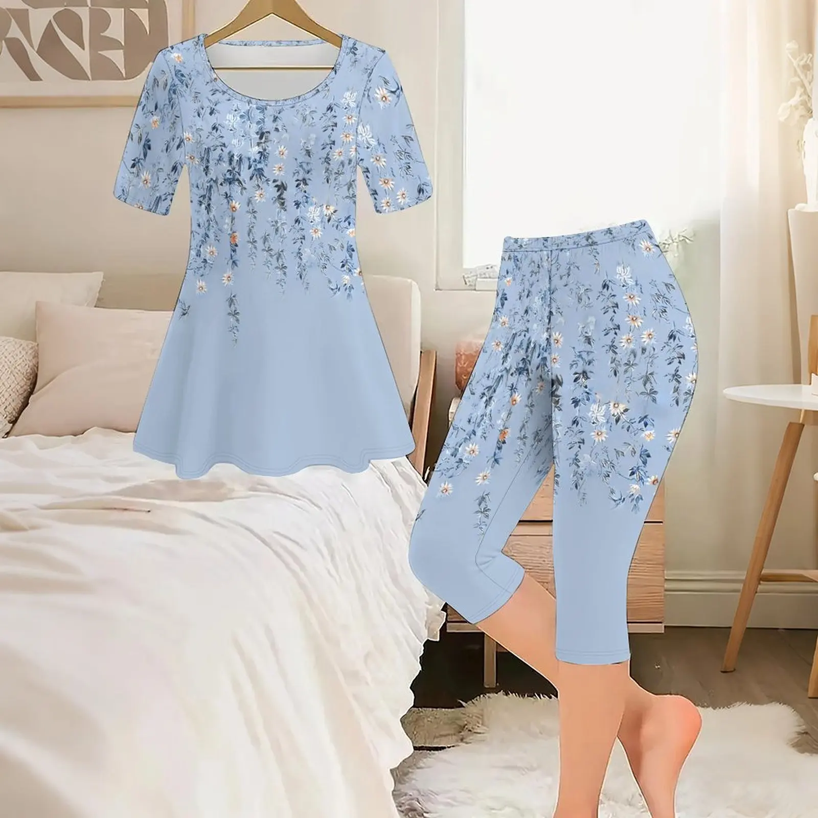 2pcs Vintage Print Two Piece Set Ladies Casual Short Sleeved Elegance Tops Everyday Street Jogging Pants