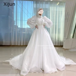 Xijun White Modest Long Evening Dress Organza Prom Dress Full Sleeves Prom Gowns Formal Moroccan Kaftan Party Dress 2023 Dubai