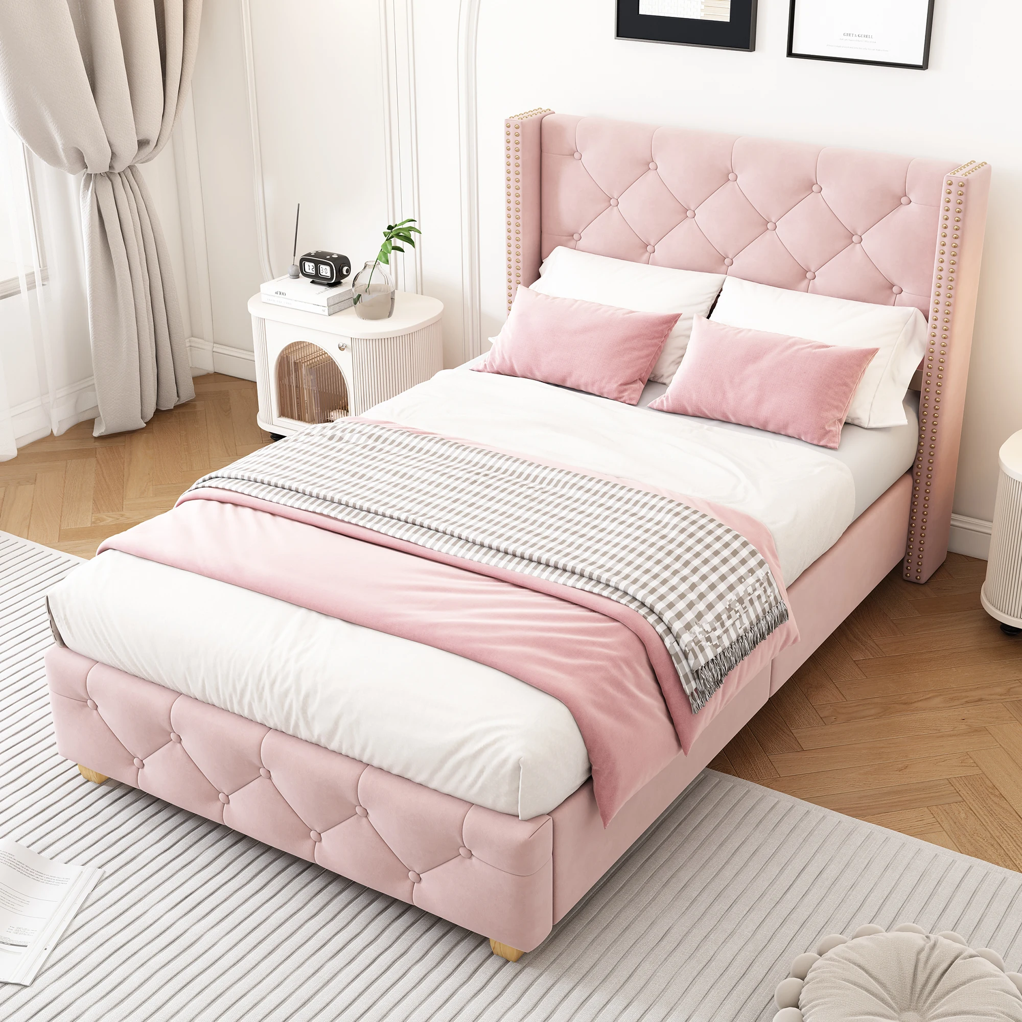 Lit simple 90x200 cm - Lit capitonné avec tête de lit et sommier à lattes - Velours - Sans matelas - Rose