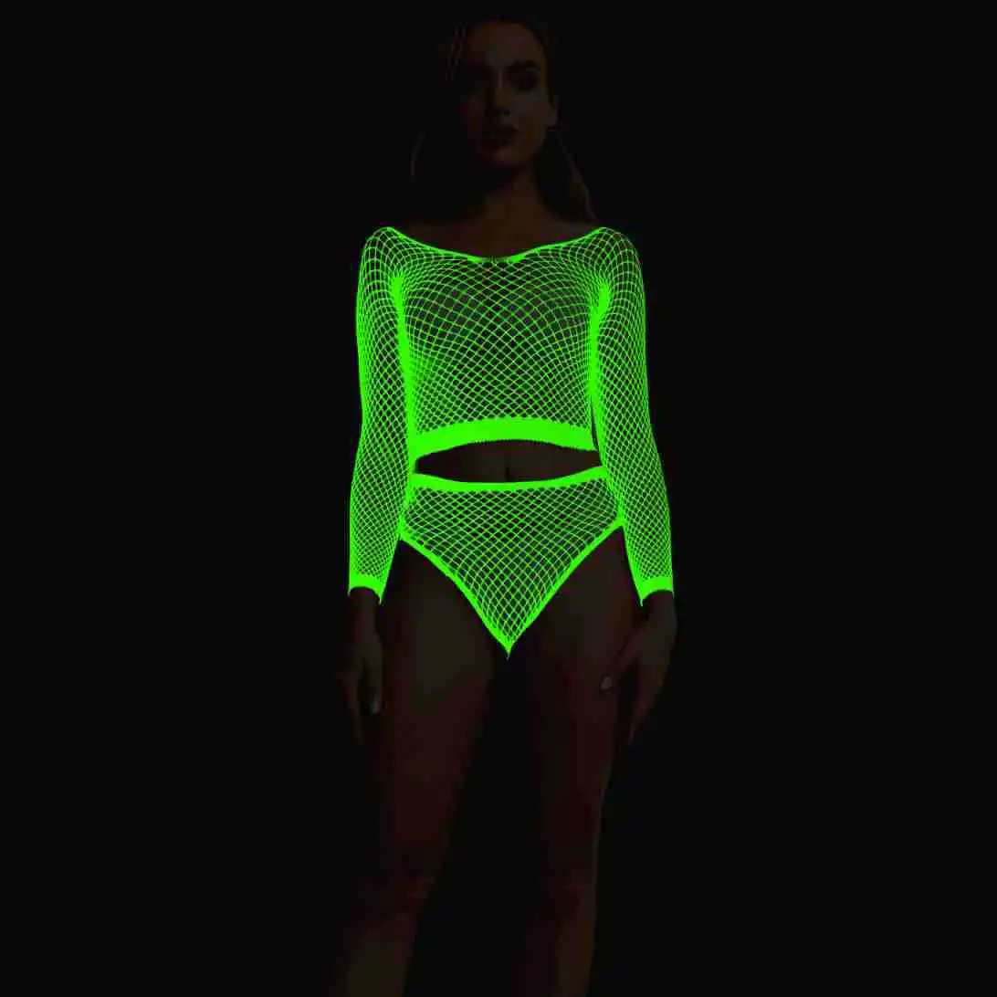 Fishnet Two-piece Outfit Glows Under Black Light Long-sleeve and Crop-top for Exotic Dancewear on Parties or Festivals Rave Wear