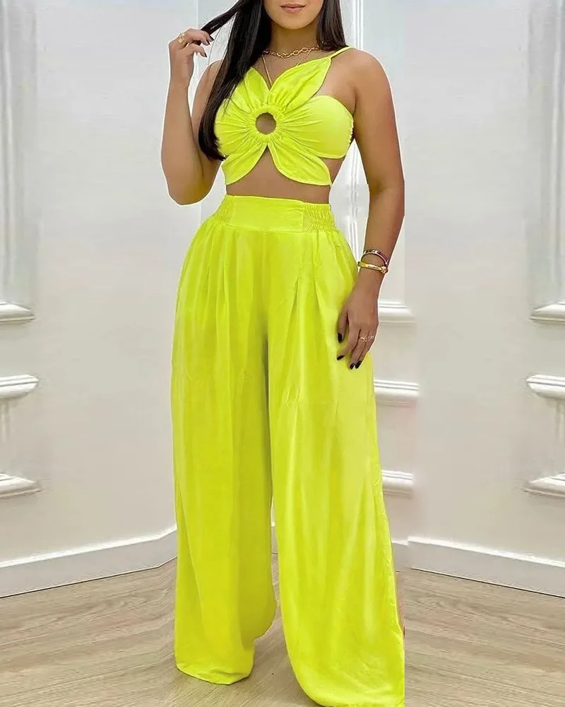 Pants Set Women Two Piece Sets Yellow Floral Sling Sleeveless Sling Short Tops Sexy Slim Fit Wide Leg Long Pants Elastic Waist