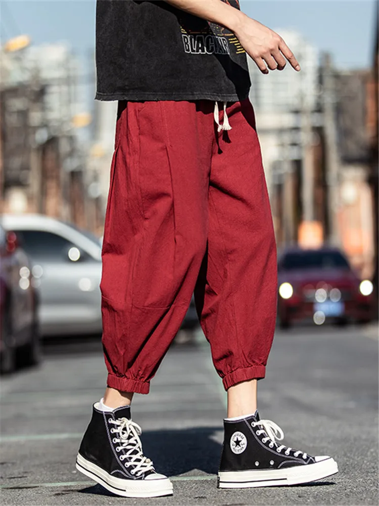 

Летние тонкие дышащие свободные брюки с широкими штанинами для мужчин, хлопково-льняные ретро-брюки, летние спортивные брюки свободного кроя, шорты карго