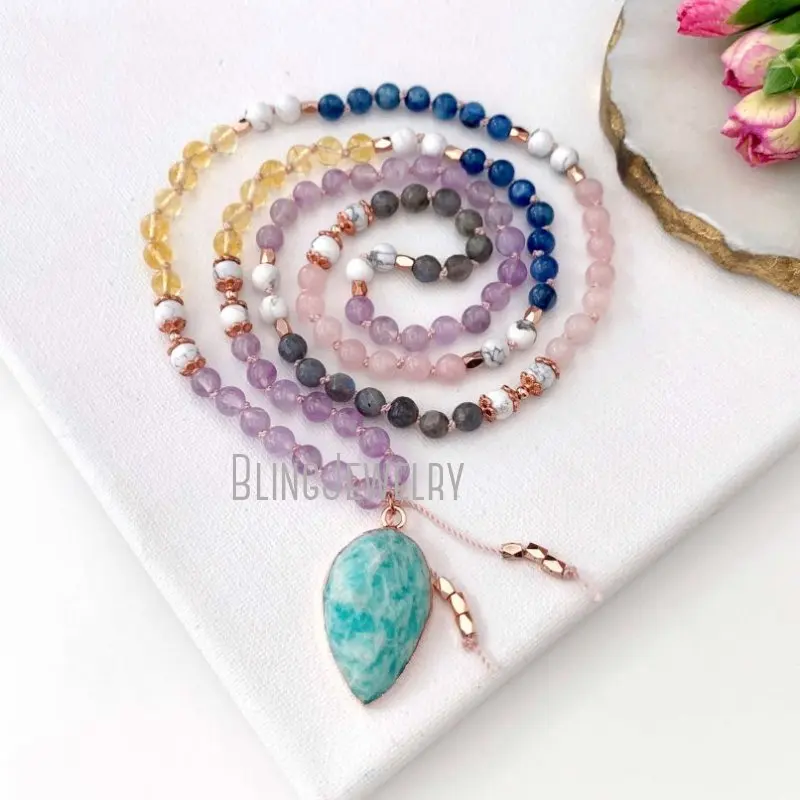 

MN34597 Strength Goddess Mala With Kyanite Rose Quartz Citrine Amethyst Labradorite And Howlite Beads Necklace