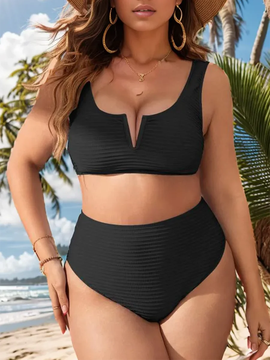 2024 Large Plus Size Solid V Neck Bikini Two Piece High Waist Swimsuit Women Swimwear Female Bathing Suit Beachwear Swimming