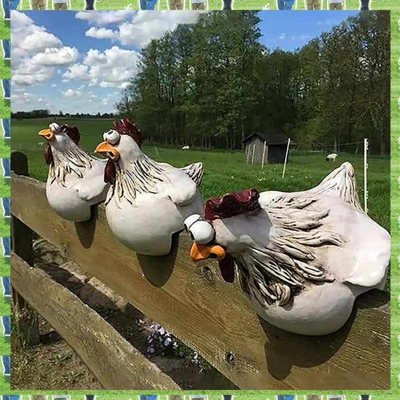 

FTS 3 Piece Chicken Sitting On Fence Decor Garden Statues Art Sculptures Farm Patio Resin For Fences Rooster Statues Wall Art Ya